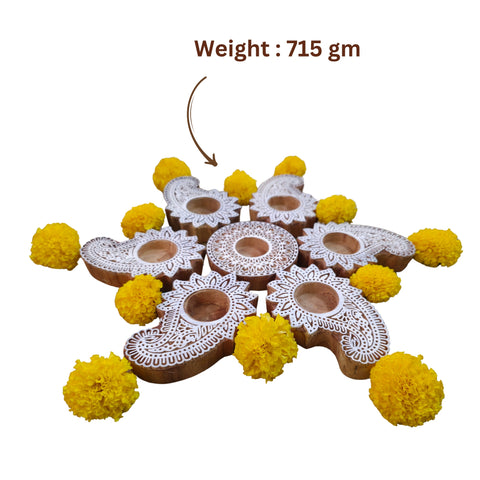 Wooden Block Print Diwa Rangoli Tea Light Candle Holders