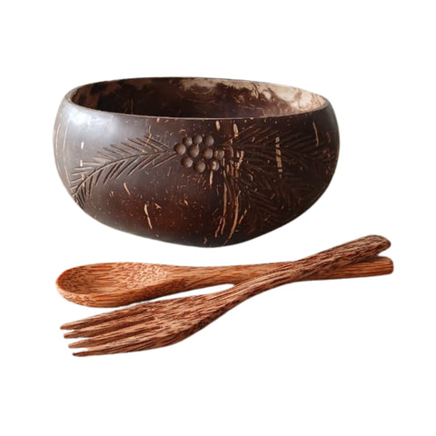 Designed Coconut Shell Bowl and Cutlery | Artistic Natural Wooden Dining Set