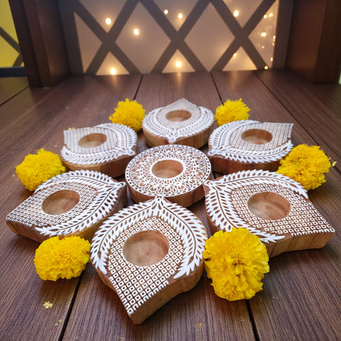 Wooden Block Print Diwa Rangoli Tea Light Candle Holders