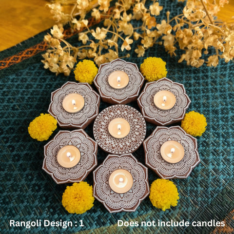 Wooden Block Print Diwa Rangoli Tea Light Candle Holders