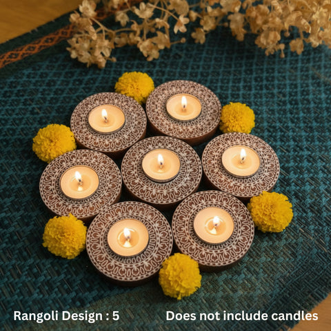 Wooden Block Print Diwa Rangoli Tea Light Candle Holders