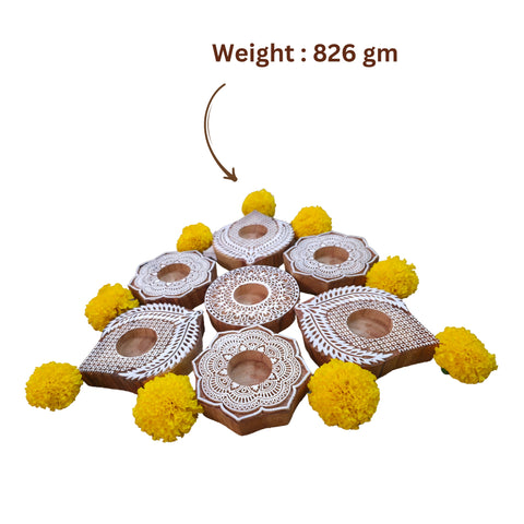 Wooden Block Print Diwa Rangoli Tea Light Candle Holders