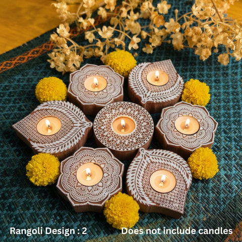 Wooden Block Print Diwa Rangoli Tea Light Candle Holders