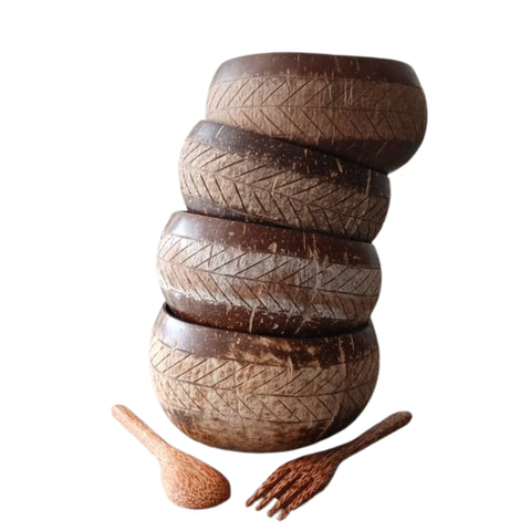 Designed Coconut Shell Bowl and Cutlery | Artistic Natural Wooden Dining Set