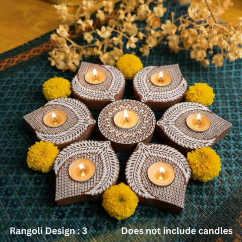 Wooden Block Print Diwa Rangoli Tea Light Candle Holders