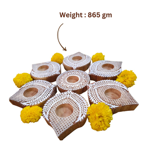 Wooden Block Print Diwa Rangoli Tea Light Candle Holders