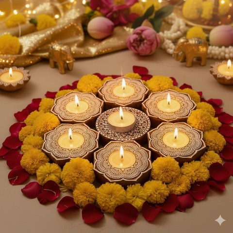 Wooden Block Print Diwa Rangoli Tea Light Candle Holders