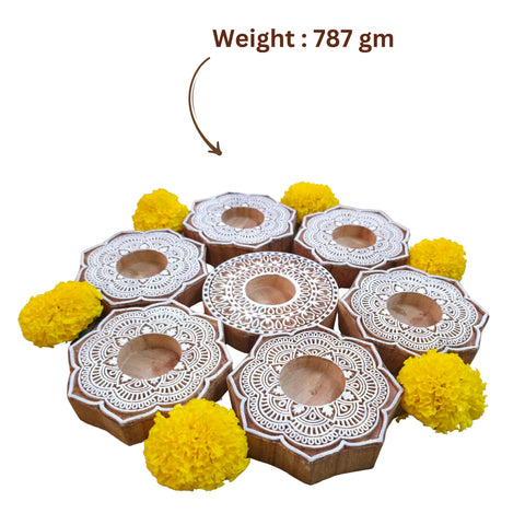 Wooden Block Print Diwa Rangoli Tea Light Candle Holders