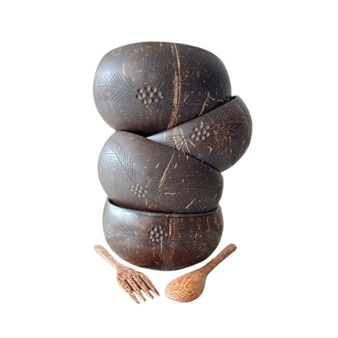 Designed Coconut Shell Bowl and Cutlery | Artistic Natural Wooden Dining Set
