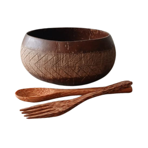 Designed Coconut Shell Bowl and Cutlery | Artistic Natural Wooden Dining Set