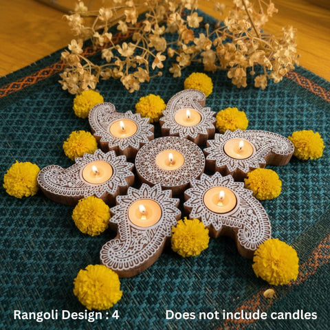 Wooden Block Print Diwa Rangoli Tea Light Candle Holders